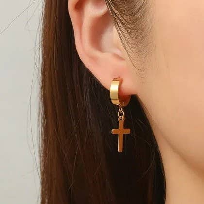Golden Grace Cross Huggie Earrings