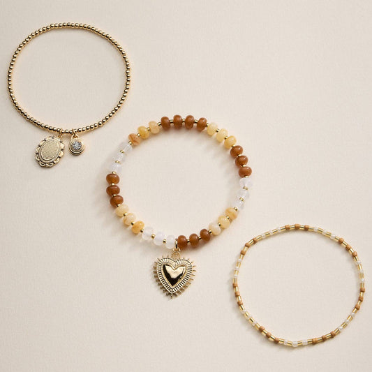 Beaded Heart Charm Stretch Bracelet Set