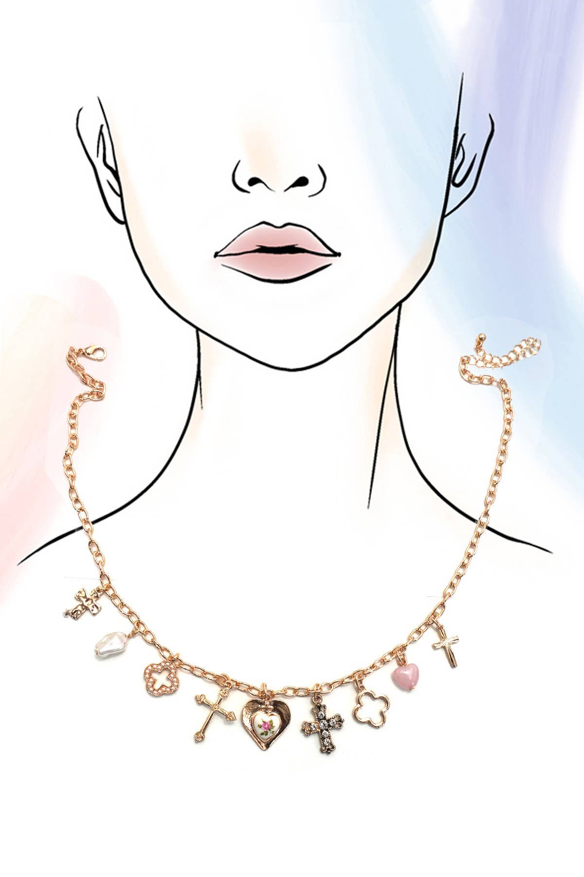 Clover, Cross & Porcelain Flower Charm Necklace