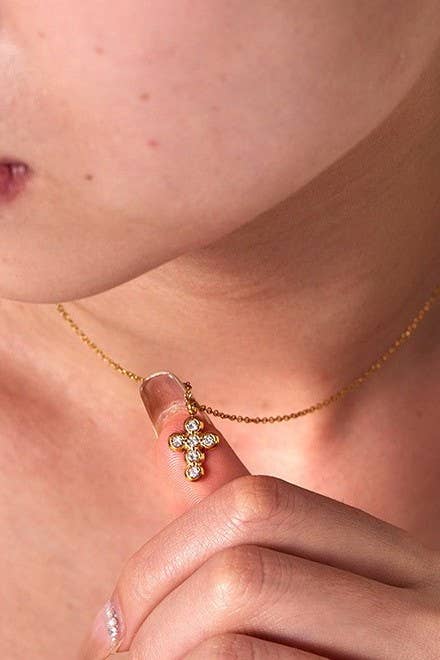 18K Gold Stainless Steel Rhinestone Cross Necklace