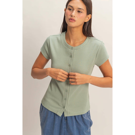 Ribbed Button-Front Crew Neck Top