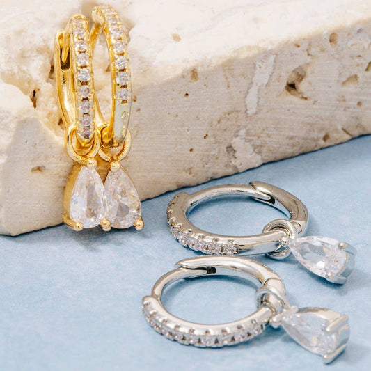 Gold Dipped Pave And Tear Gem Hoop Earrings