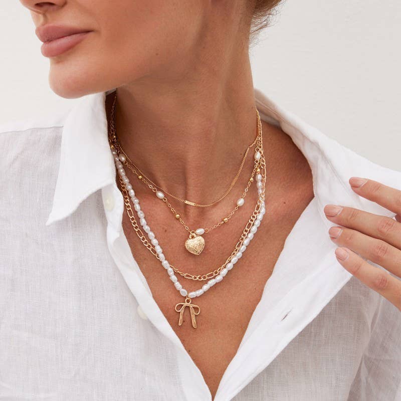 Bow Pearl Heart Layered Necklace