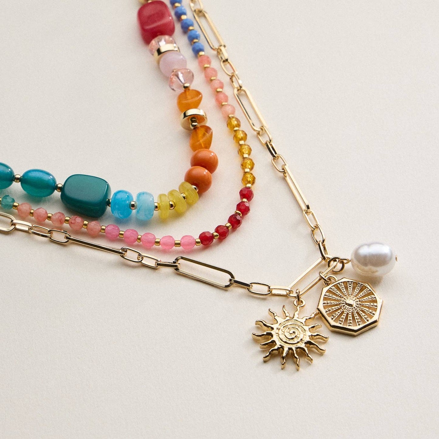 Layered Beaded and Chain Necklace with Sun and Pearl Charms