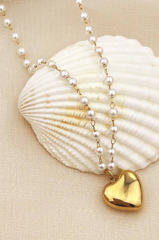 18K Gold Stainless Steel Heart & Pearl Station Necklace