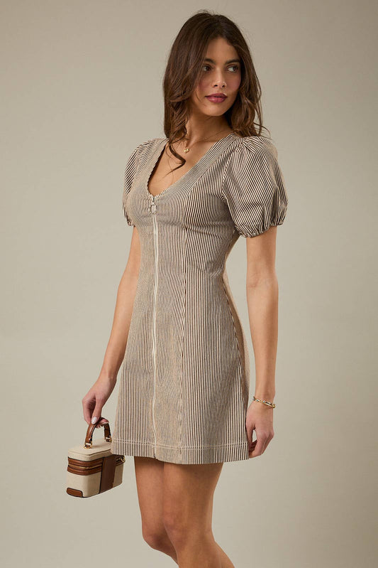 Puff Sleeve Stripe Denim Dress