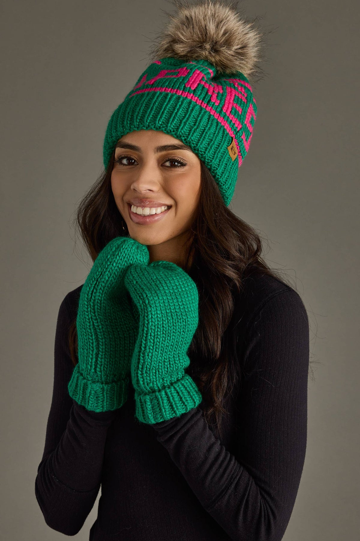 Green Cuffed Knit Mittens