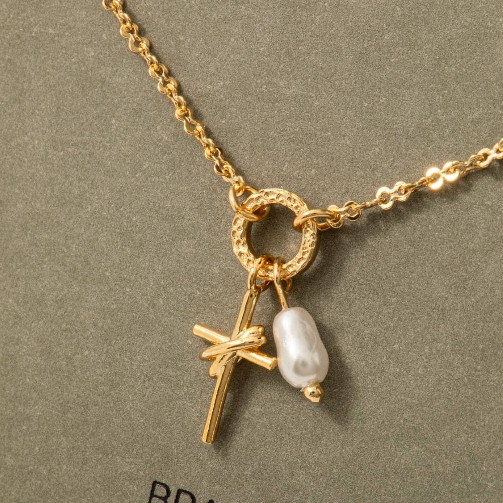 Pearl And Cross Charms Dainty Chain Necklace