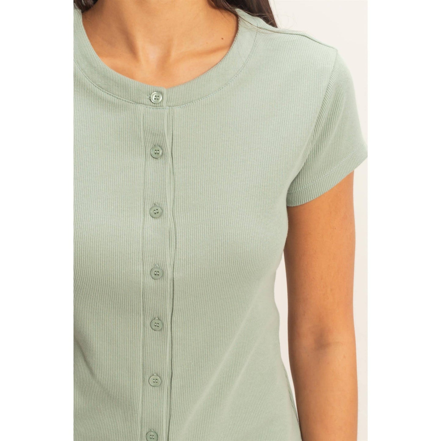 Ribbed Button-Front Crew Neck Top