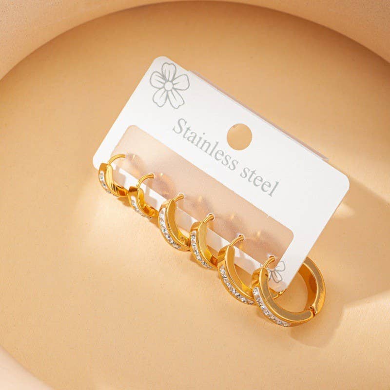 Tarnish-Free Waterproof Rhinestone Classic Trio Hoop Set