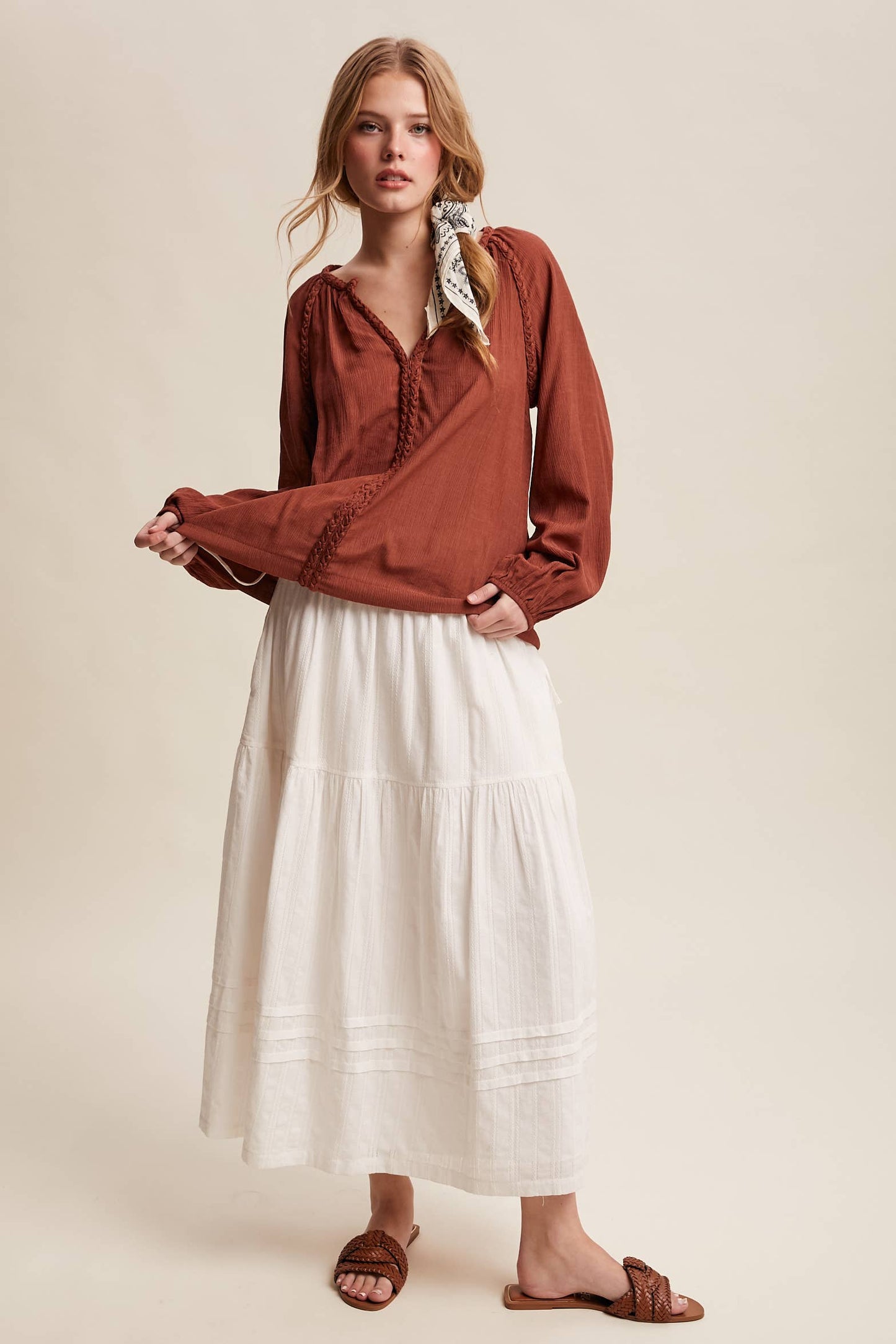 Braided Trim Split V-Neck Blouse