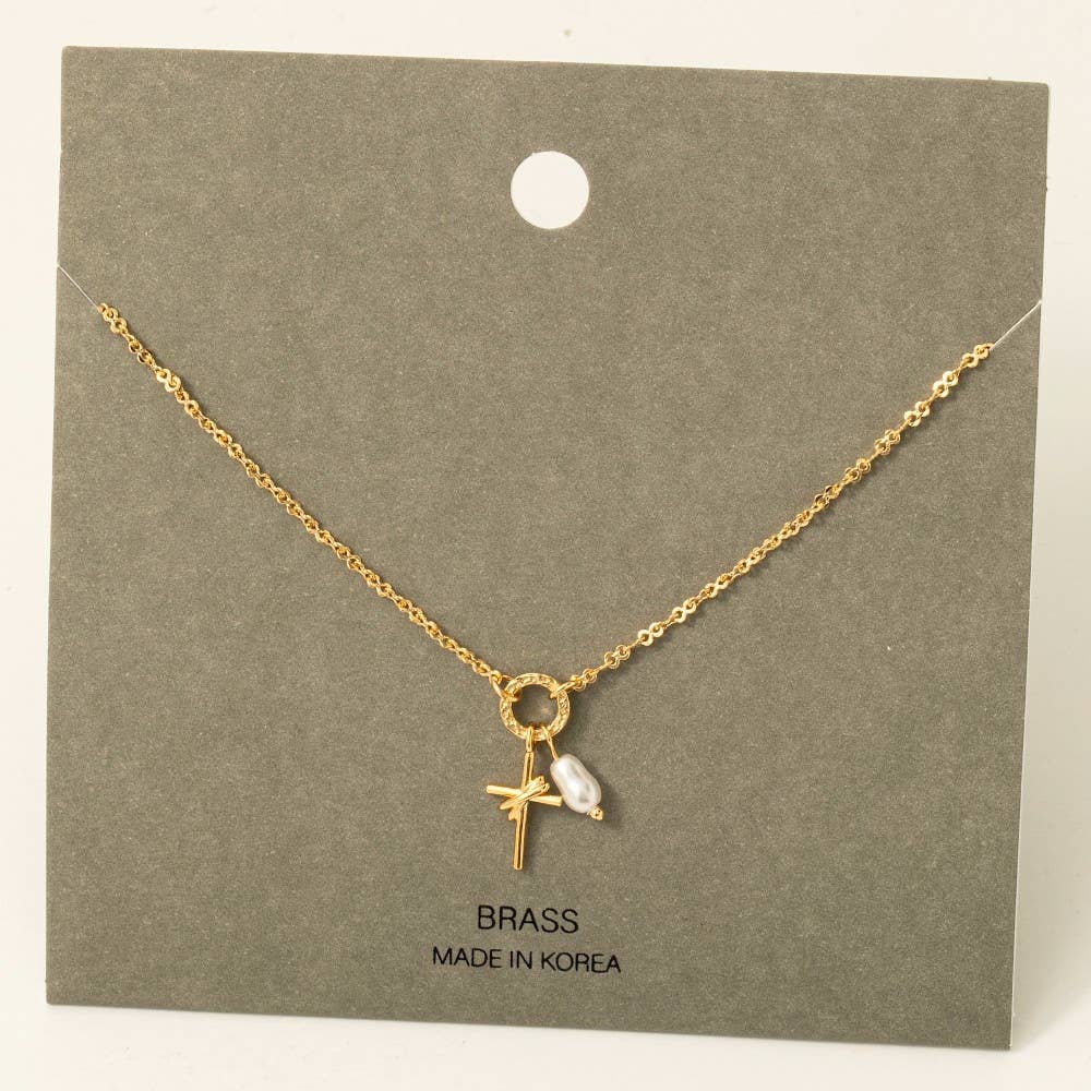 Pearl And Cross Charms Dainty Chain Necklace