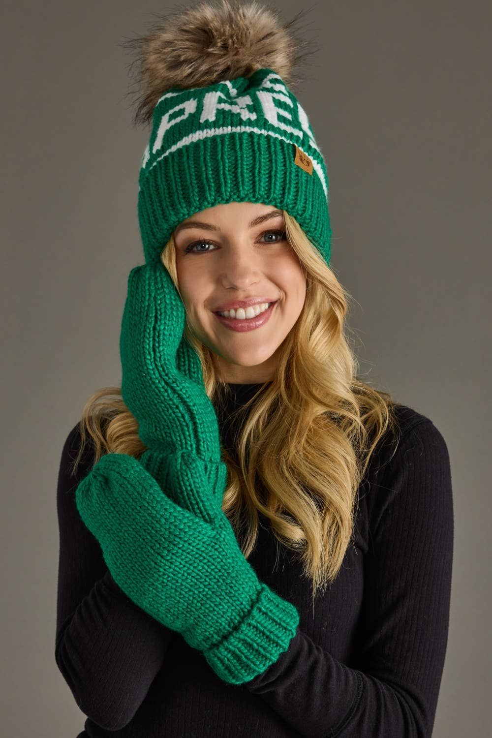 Green Cuffed Knit Mittens
