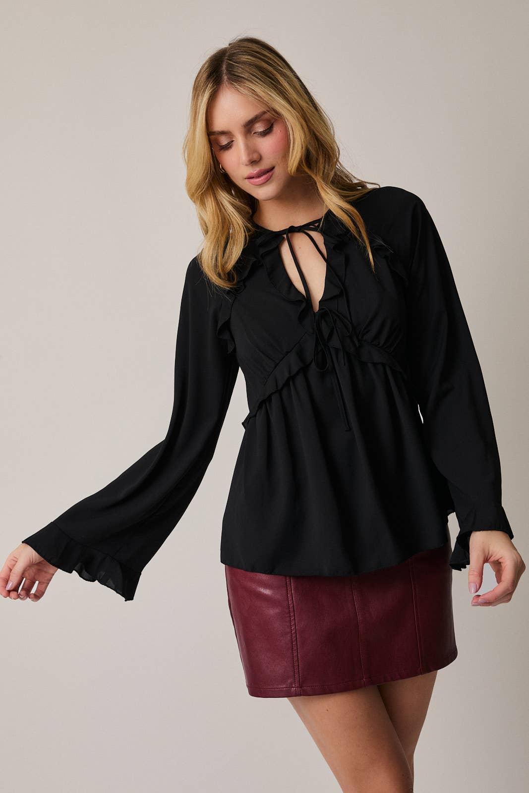 Long Sleeve Front Tie Ruffle Blouse