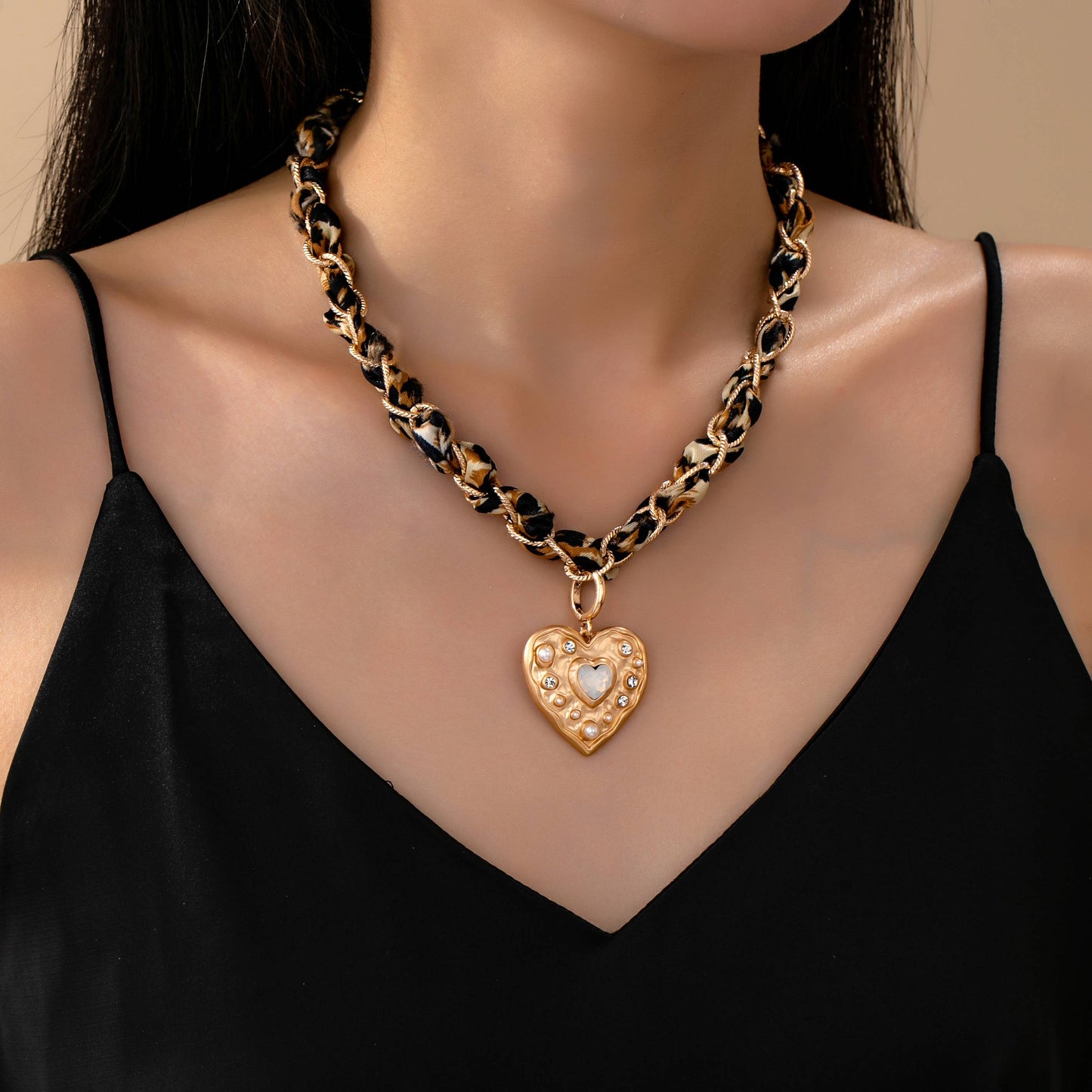 Double Cord Charm Necklace - Heart Cross Stone