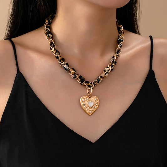 Double Cord Charm Necklace - Heart Cross Stone