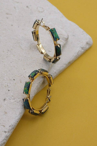 Crystal Opal Green Rectangle Hoop Earrings