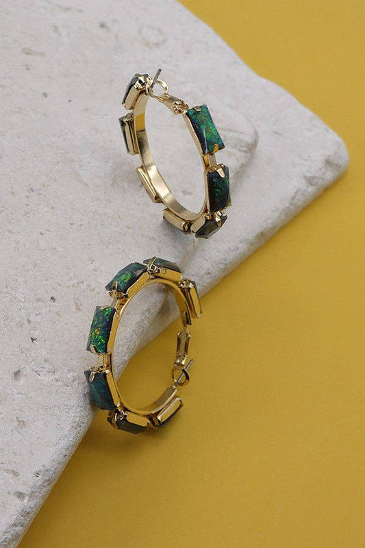 Crystal Opal Green Rectangle Hoop Earrings