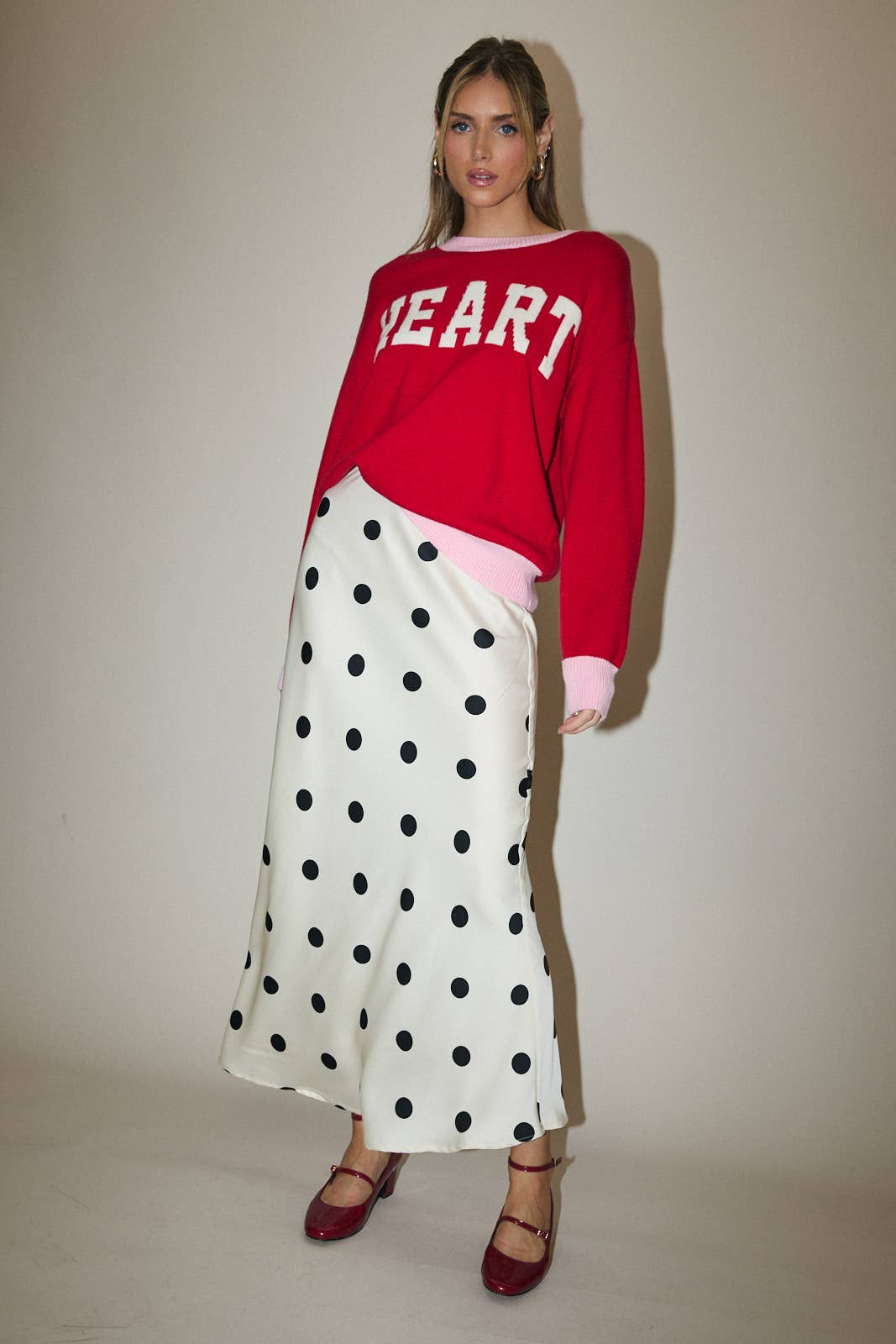 Polka Dot Satin Midi Skirt