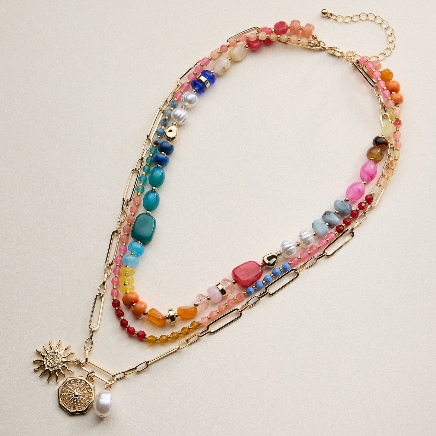 Layered Beaded and Chain Necklace with Sun and Pearl Charms