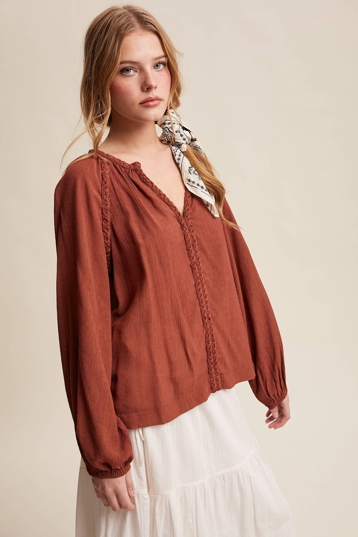 Braided Trim Split V-Neck Blouse