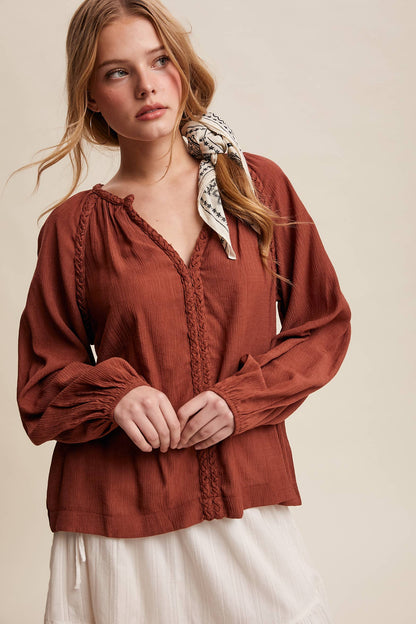 Braided Trim Split V-Neck Blouse