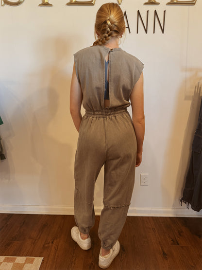 Drawstring Waist Sleeveless Mineral Washed Jumpsuit