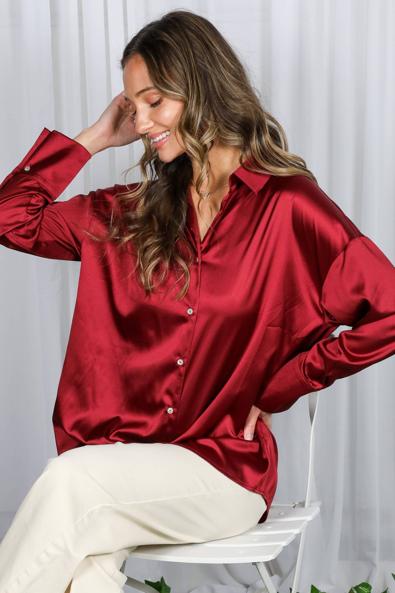 Collared Satin Button-Up Shirt