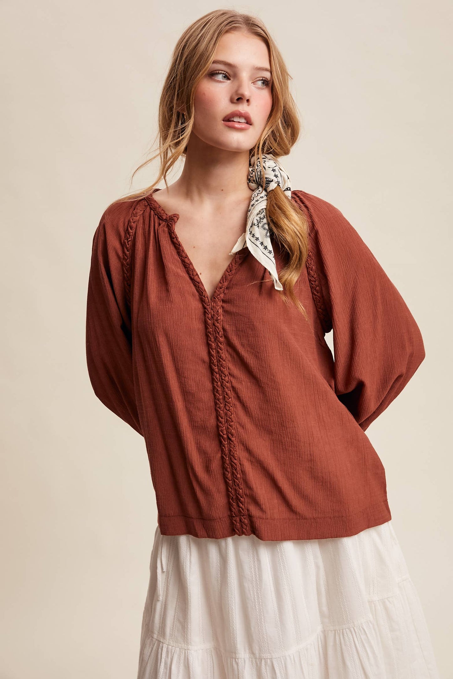 Braided Trim Split V-Neck Blouse