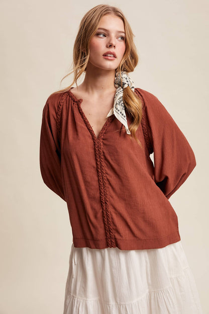 Braided Trim Split V-Neck Blouse