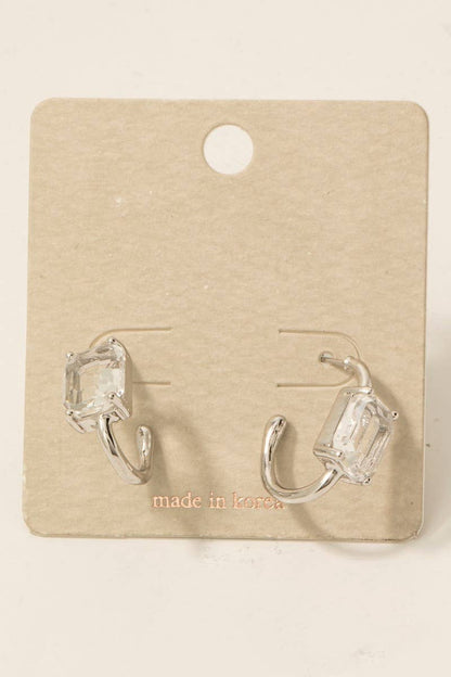 Glass Baguette Station Oval Hoop Earrings