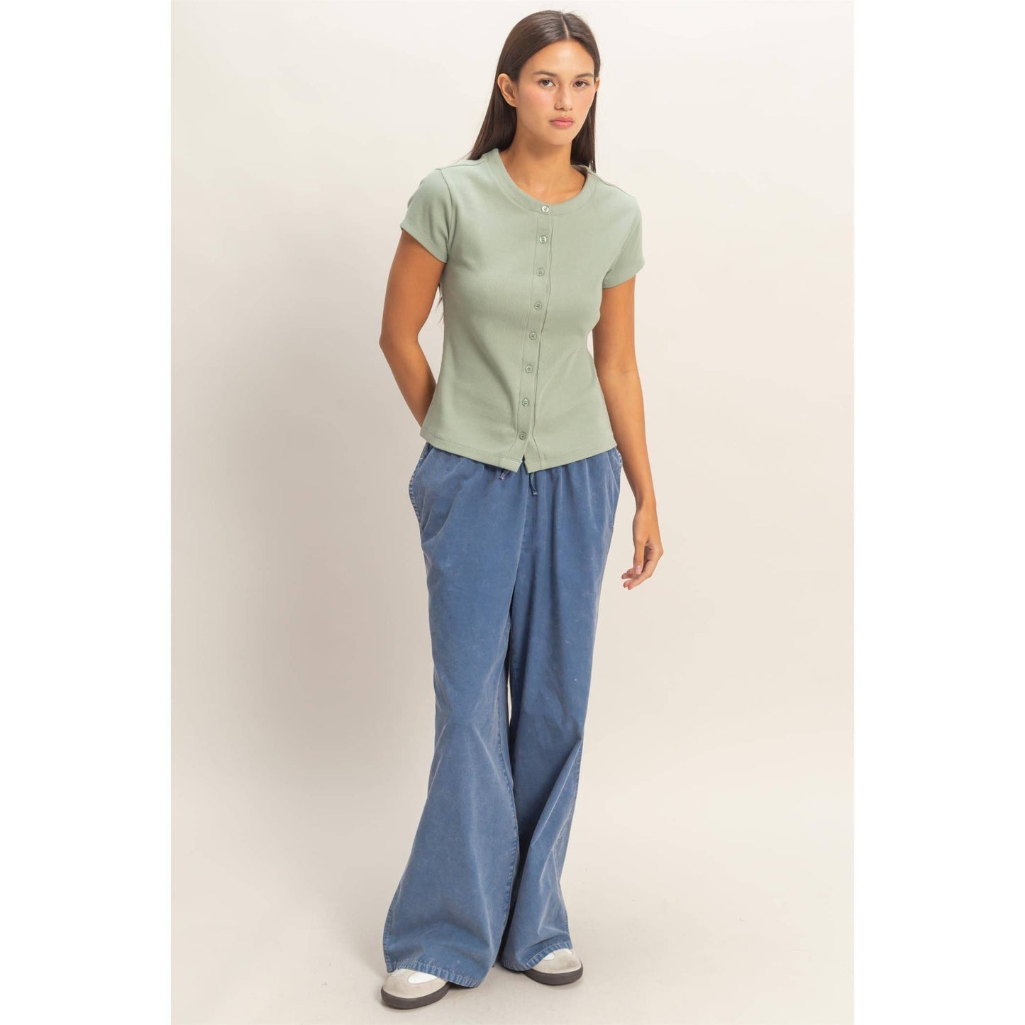 Ribbed Button-Front Crew Neck Top