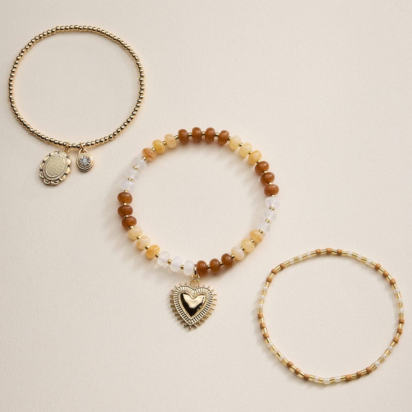 Beaded Heart Charm Stretch Bracelet Set