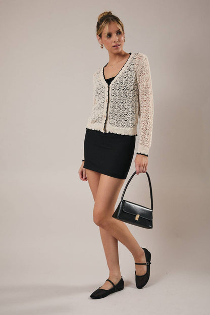 V-Neck Long Sleeve Button Up Crochet Cardigan