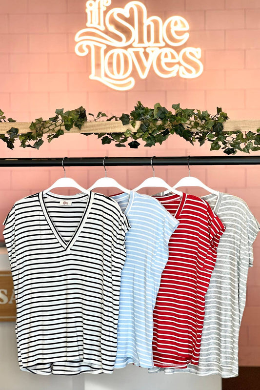 V Neck Striped Tee | Light Gray | FINAL SALE