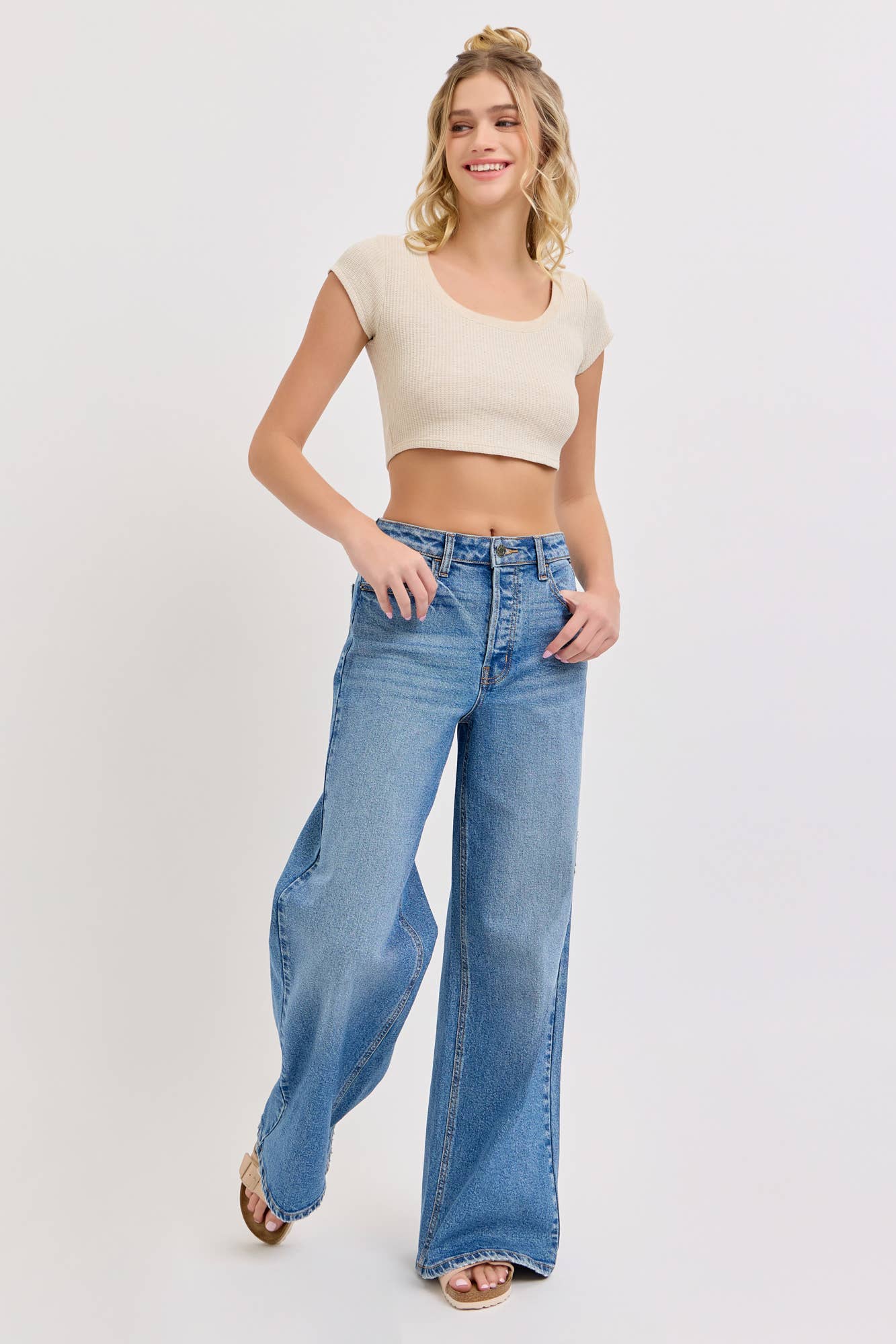 High Rise Wide Leg Denim Jean Medium Denim