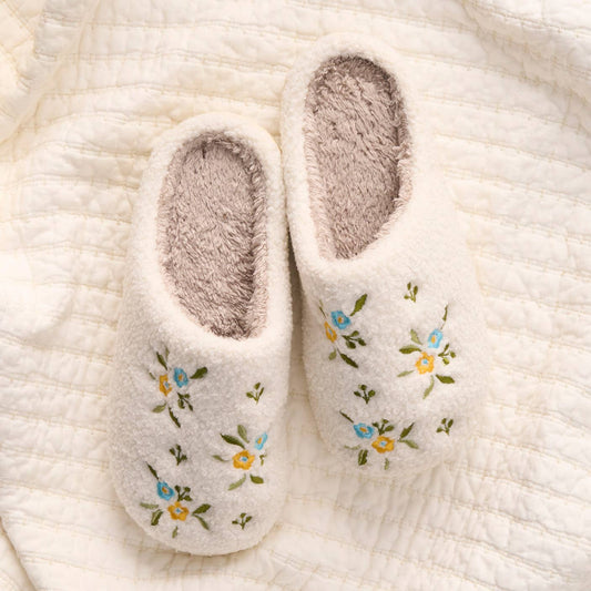 Fuzzy Slippers-Dainty Floral Blue Yellow