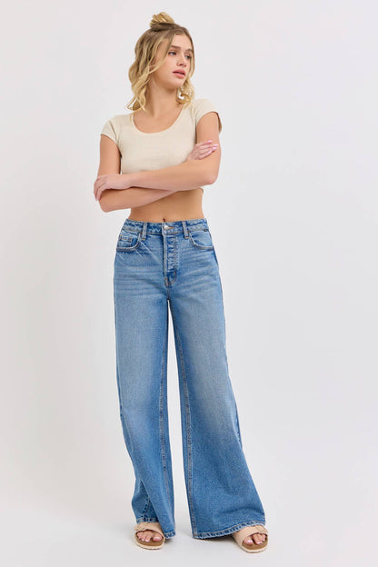 High Rise Wide Leg Denim Jean Medium Denim