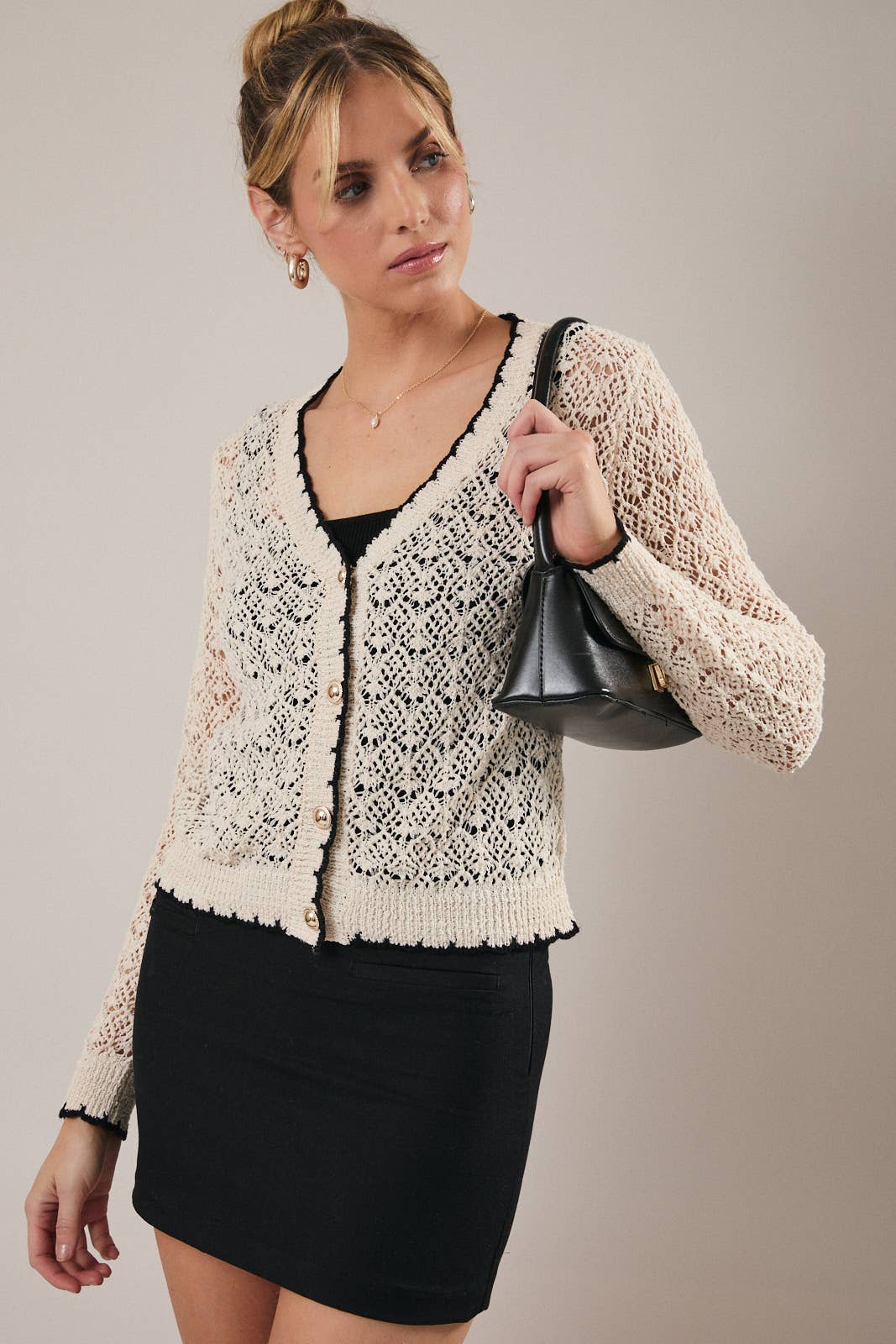 V-Neck Long Sleeve Button Up Crochet Cardigan