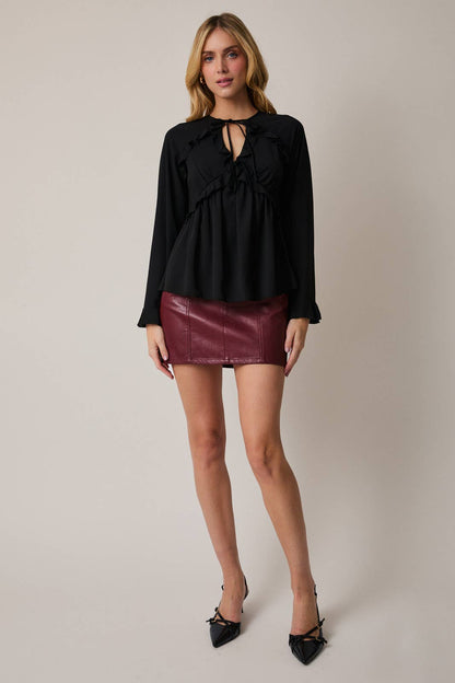 Long Sleeve Front Tie Ruffle Blouse