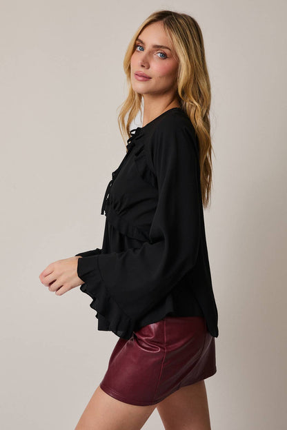 Long Sleeve Front Tie Ruffle Blouse