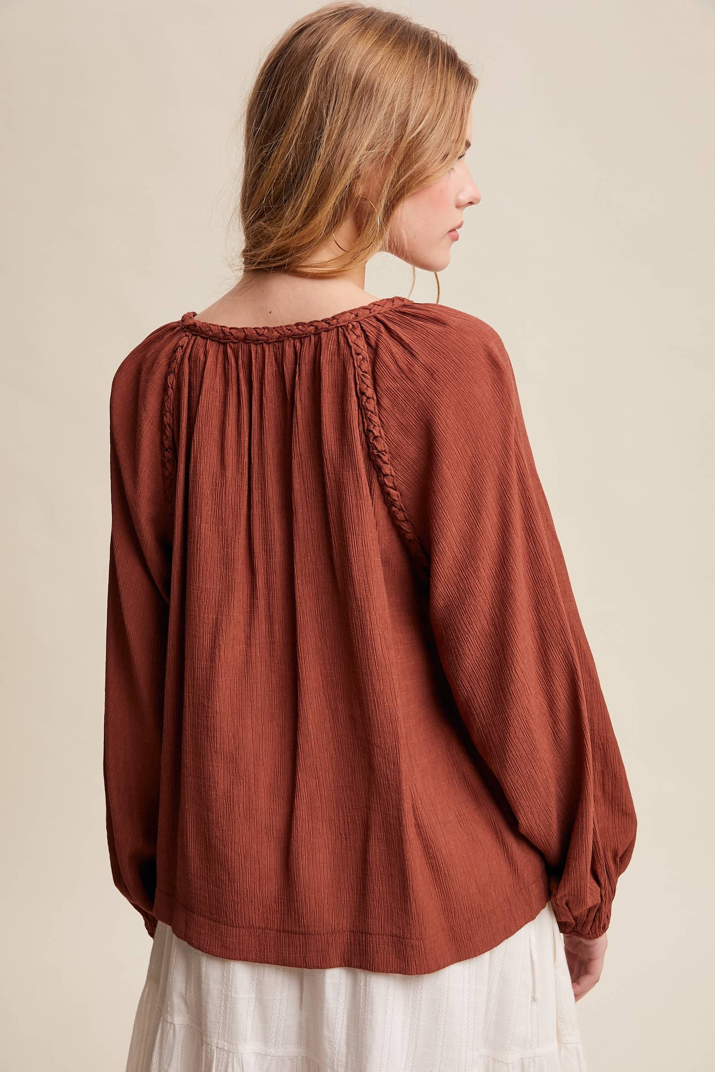 Braided Trim Split V-Neck Blouse
