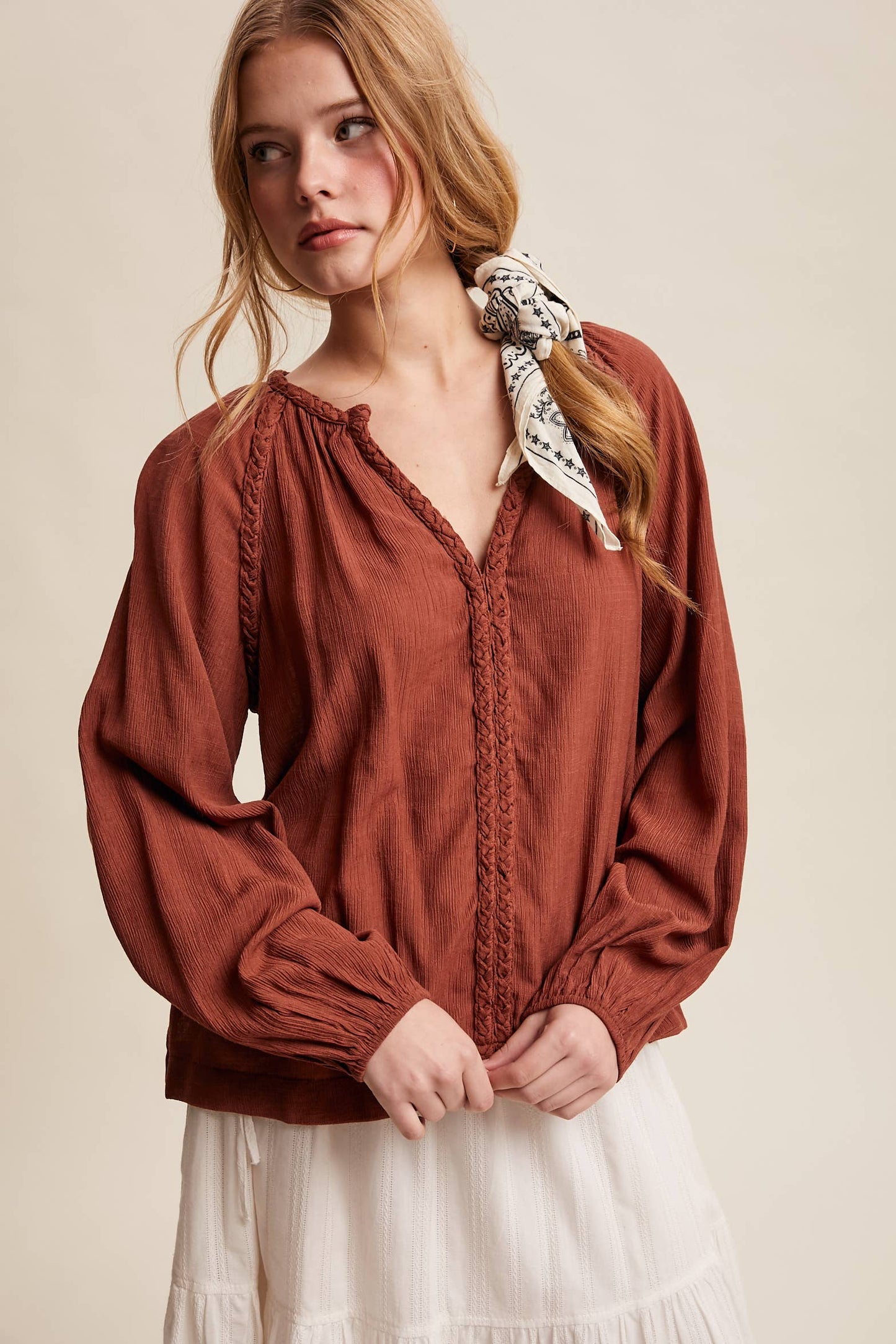 Braided Trim Split V-Neck Blouse