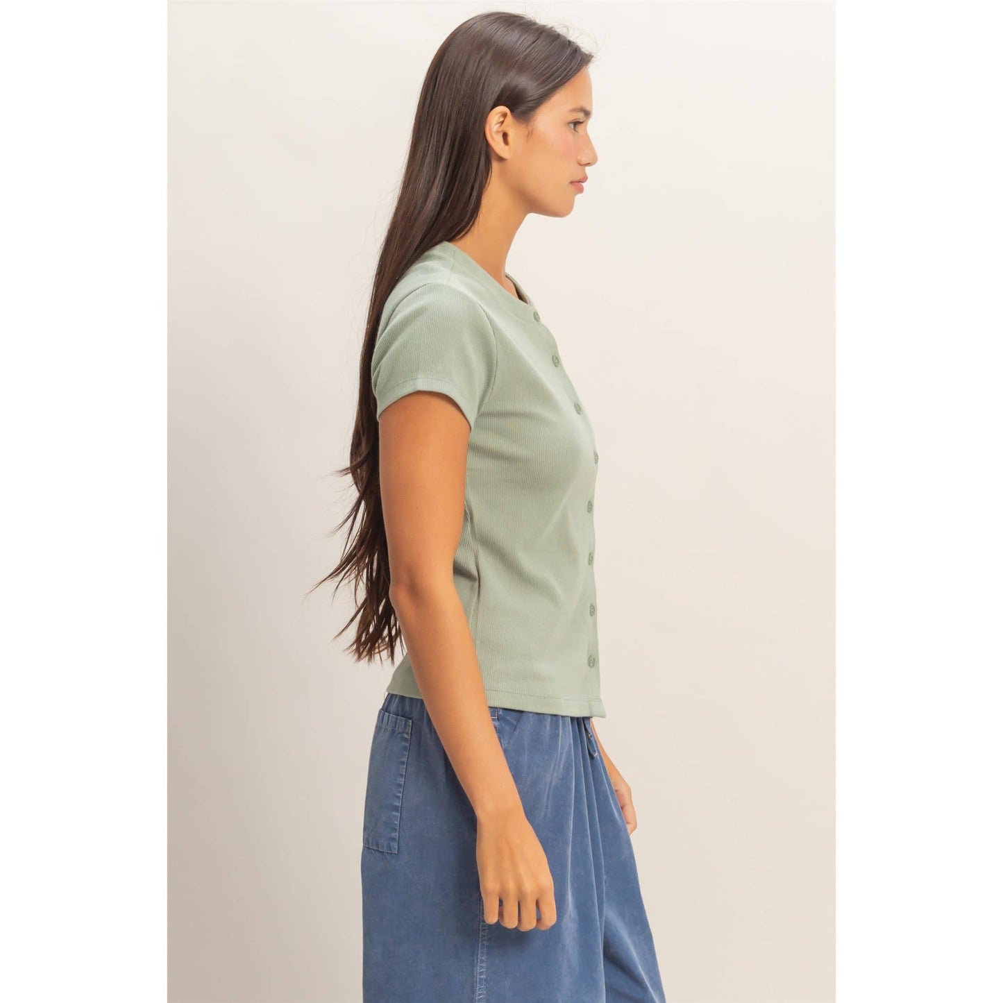 Ribbed Button-Front Crew Neck Top