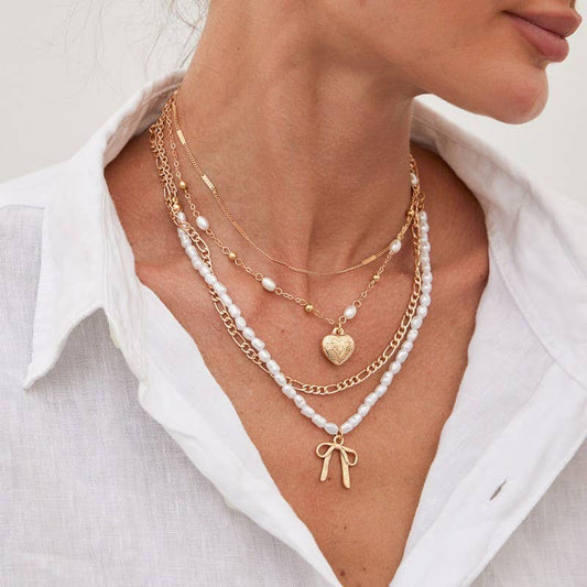 Bow Pearl Heart Layered Necklace