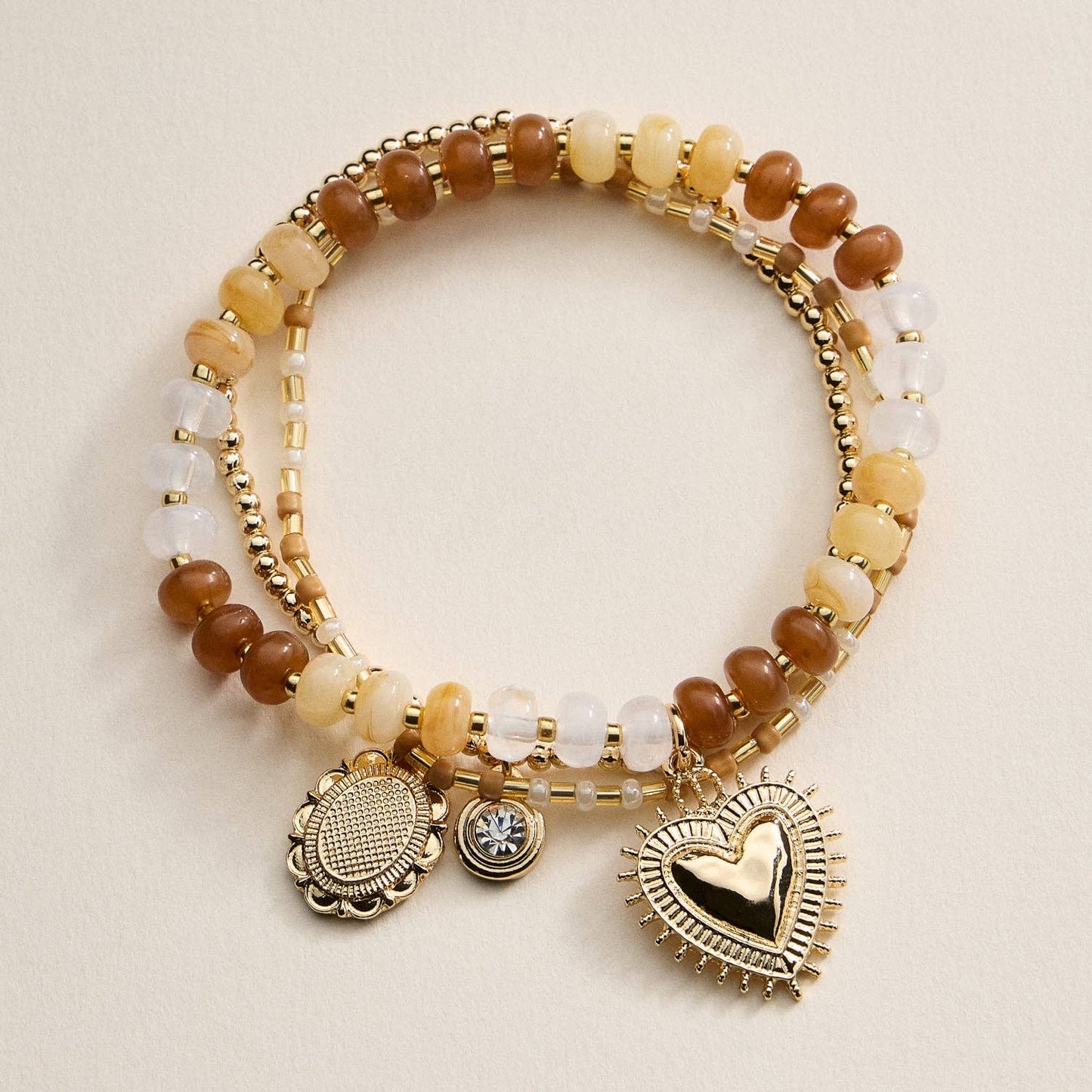 Beaded Heart Charm Stretch Bracelet Set