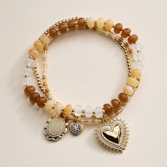 Beaded Heart Charm Stretch Bracelet Set