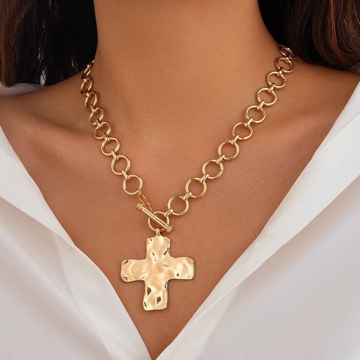 Hammered Cross Front Toggle Necklace
