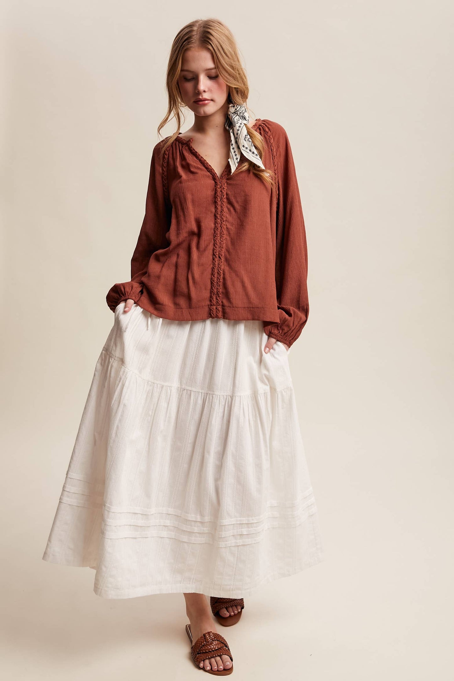 Braided Trim Split V-Neck Blouse