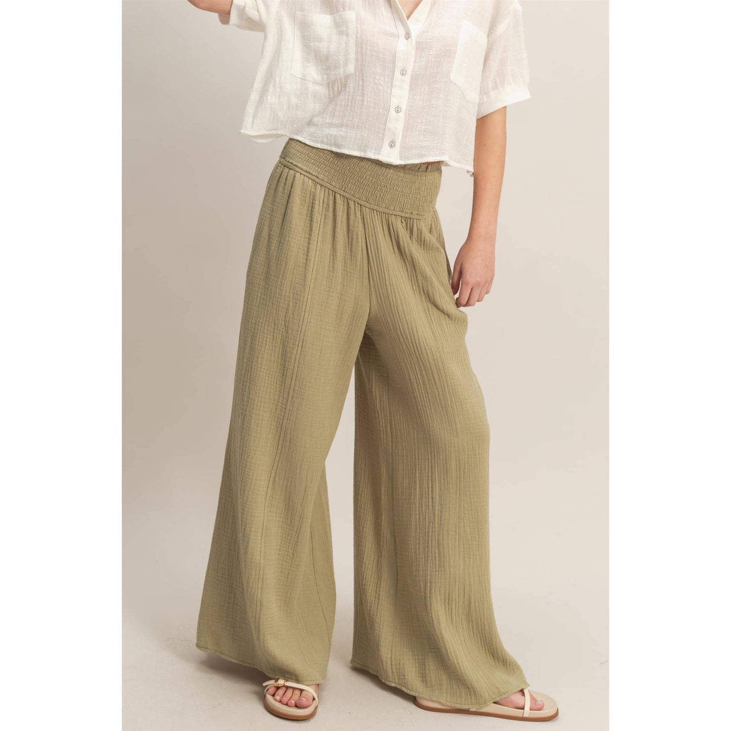 Smocked Waist Wide-Leg Pants